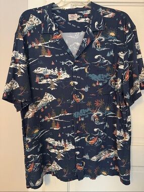 Faherty Navy Camp Shirt with Multicolor Sea & Ski Print